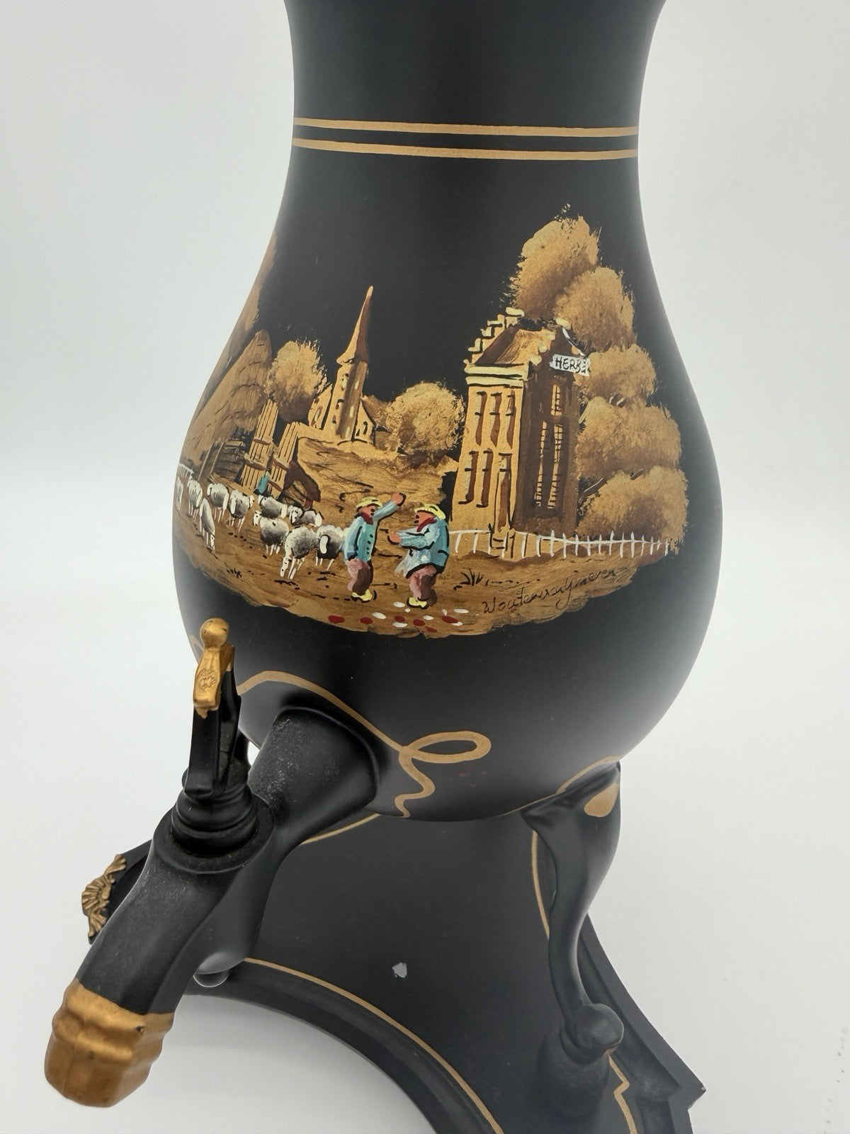 vintage C. Kurz & Co Tiel Dutch black & gold Hand painted pewter samovar W/base