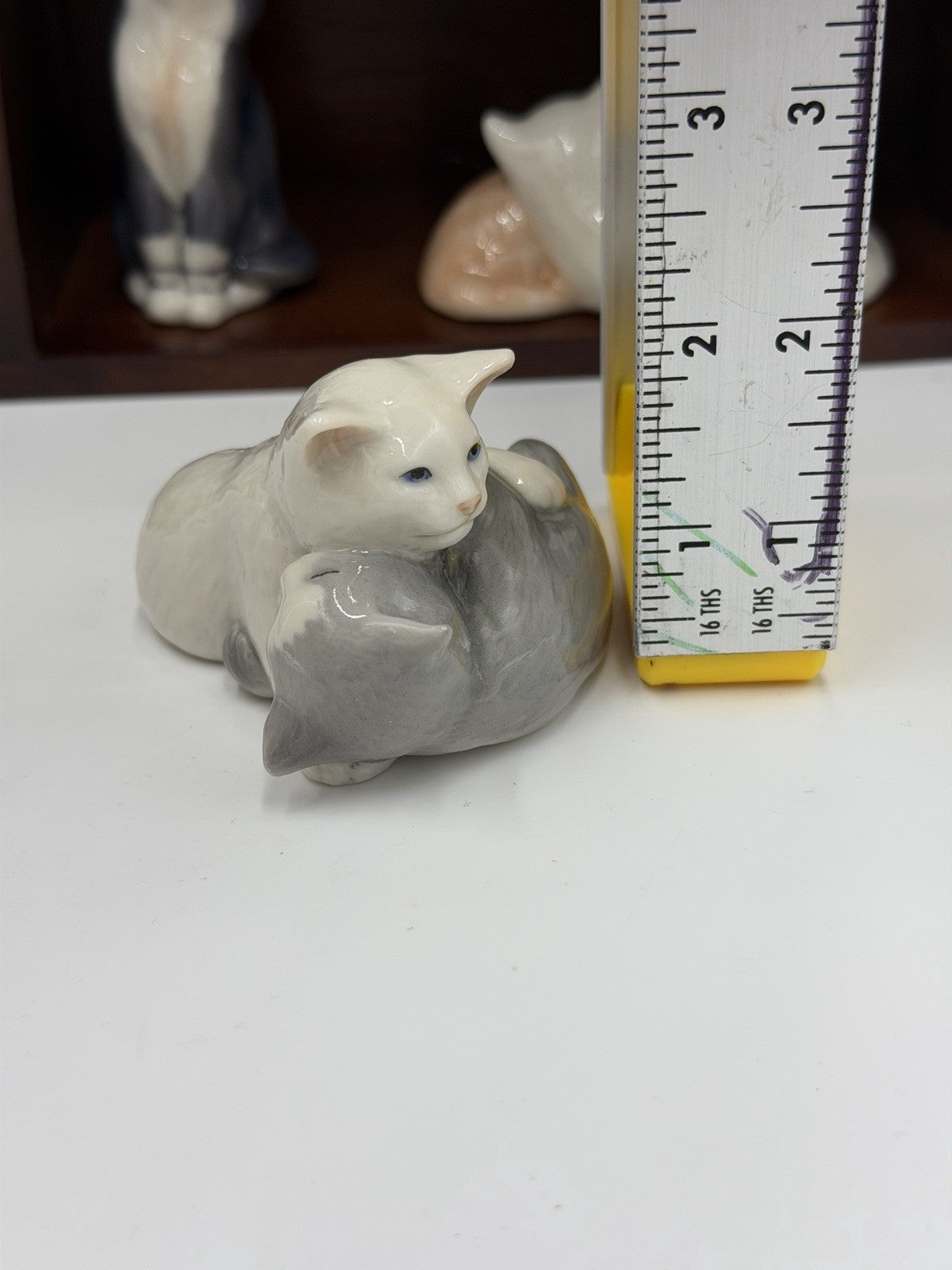 Royal Copenhagen Denmark Porcelain Cat Collection Mini Figurines Wood Shelf