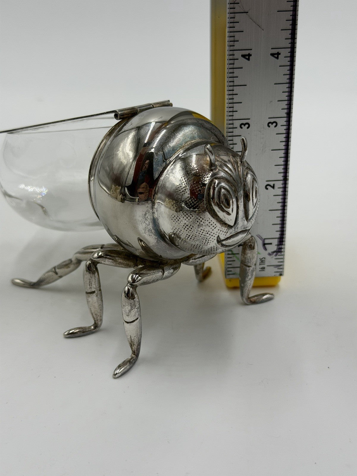 Antique Silver Plate & Glass Honey Bee Honey Pot Unmarked 6" Long x 3" Tall