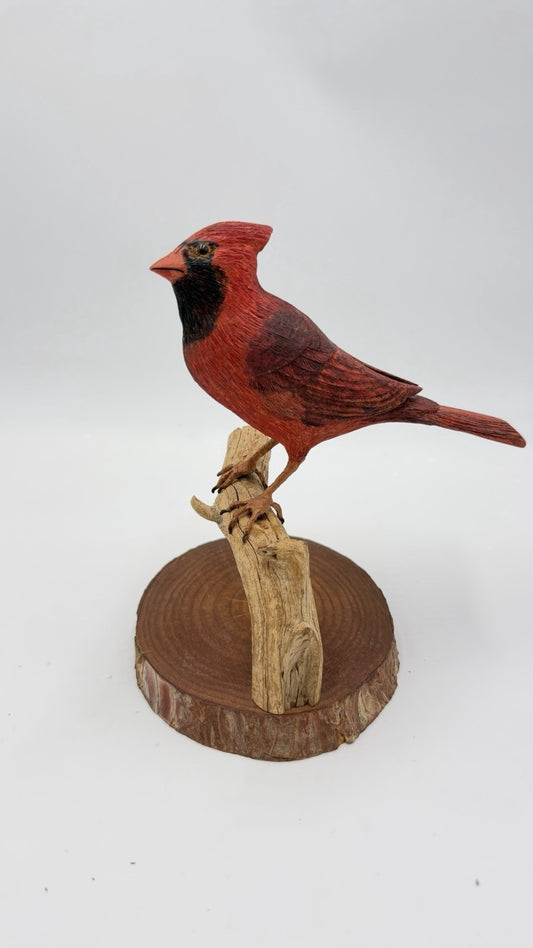 Folk Art Carved 1989 Northern Cardinal Red Wood Carved Bird Sculpture Signed 7.5