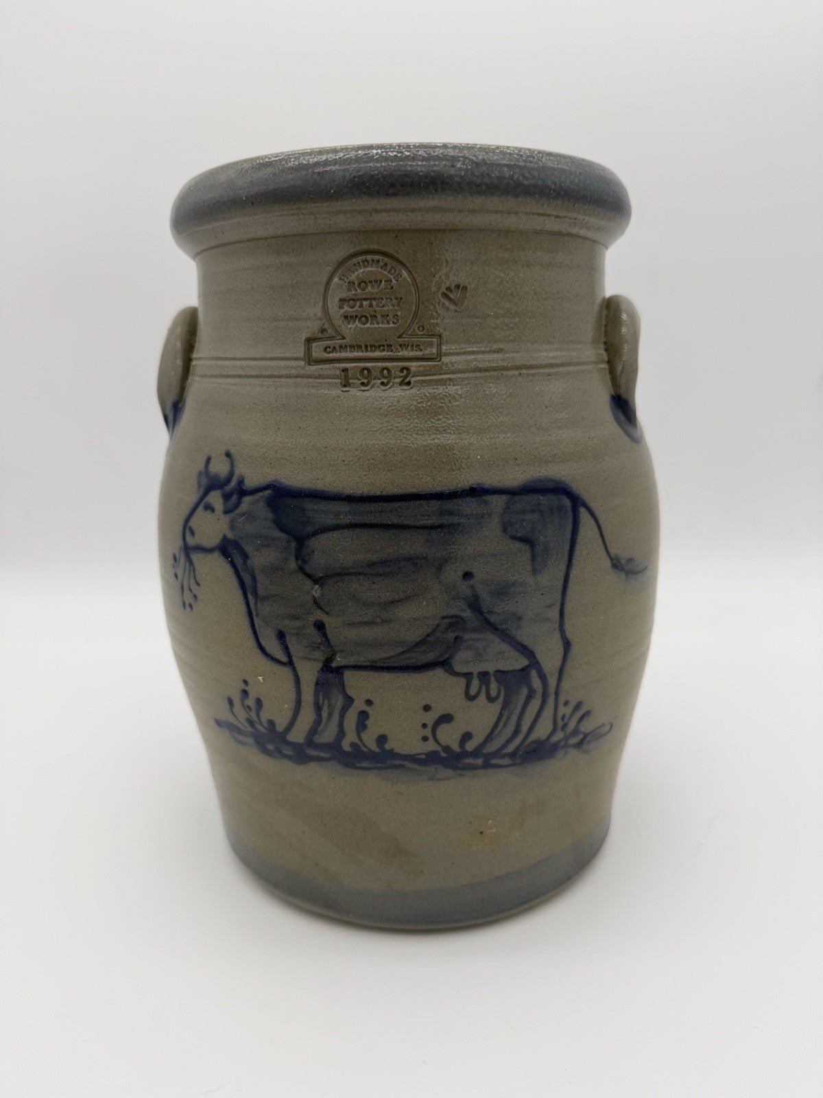 Rowe Pottery Works Lidded Canister Cow Salt Glaze Stoneware 10.75” Gallon 1990