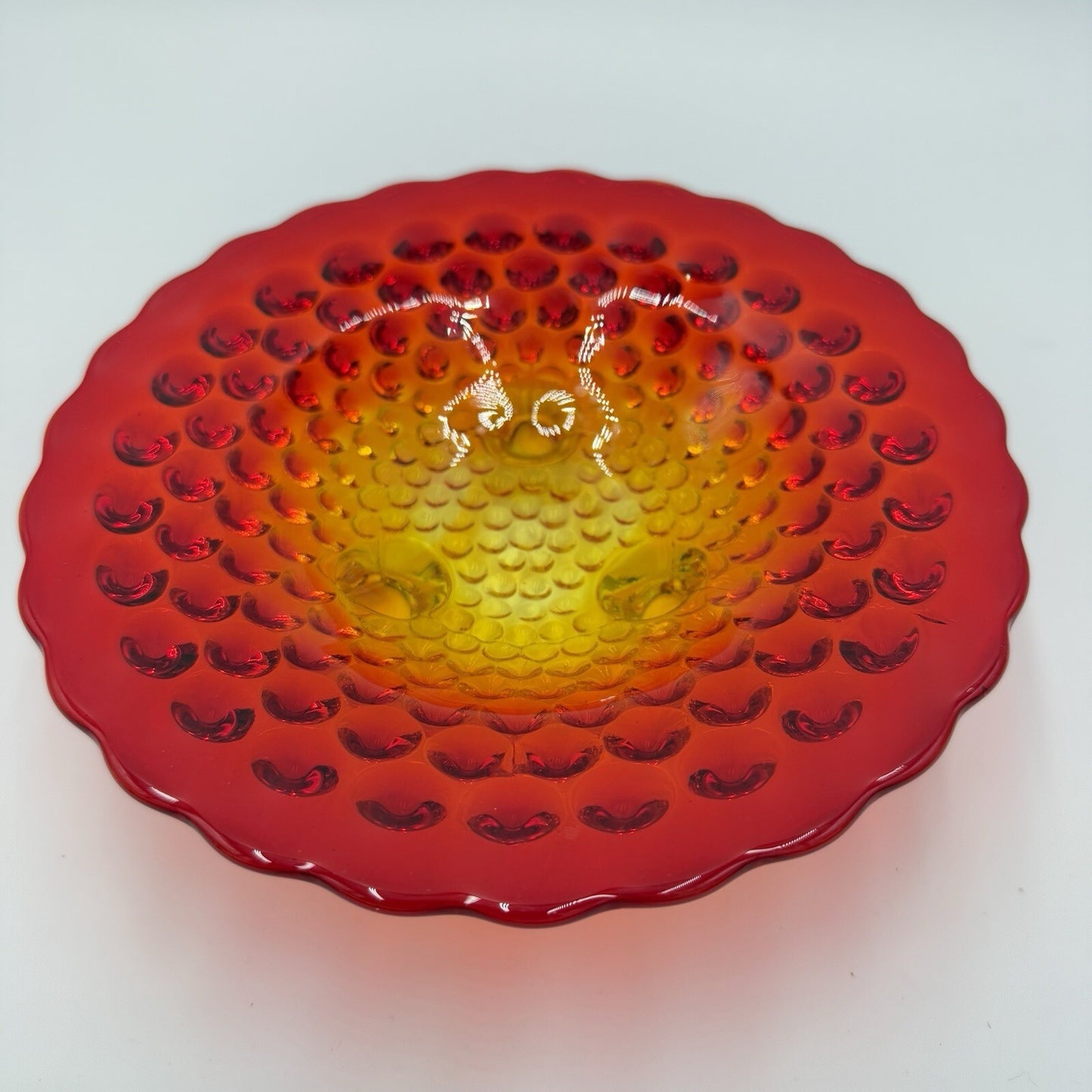 Vintage Fenton Art Glass AMBERINA Hobnail Footed Dish Bowl 7in Red Orange