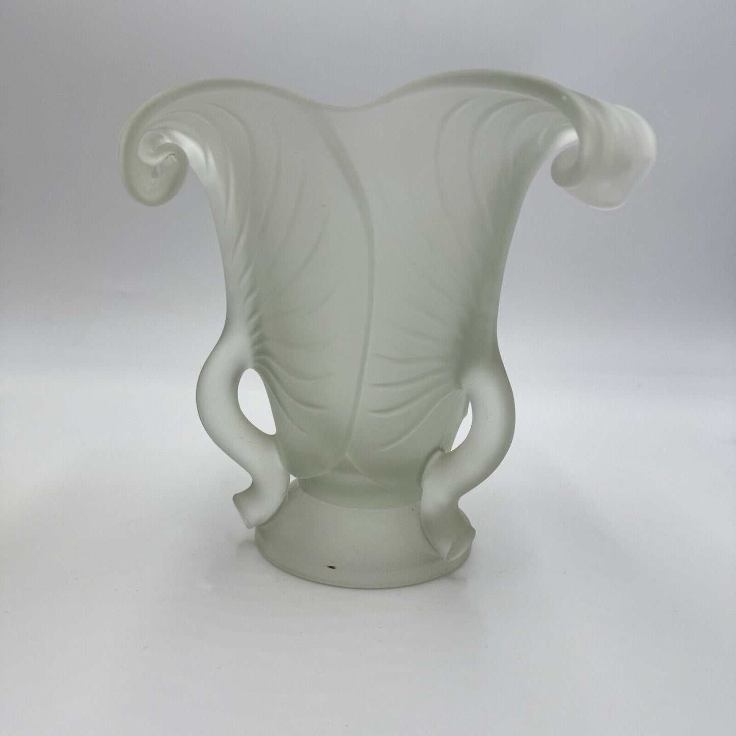 MCM Frosted Satin Art Glass 3 Leaf Pedestal ART NOUVEAU 3 Handle VASE 7” H