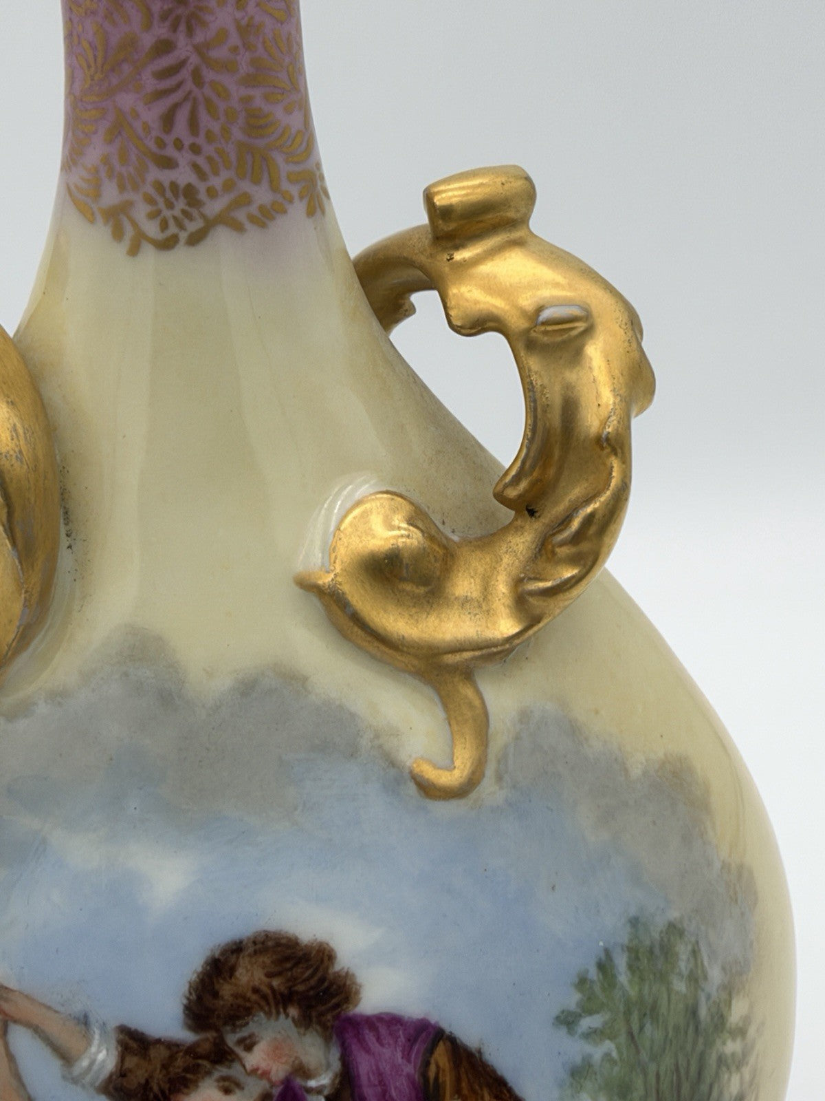 Antique Elite Limoges France Jean Pouyat C.1900 Porcelain 10” Handled Gold Vase