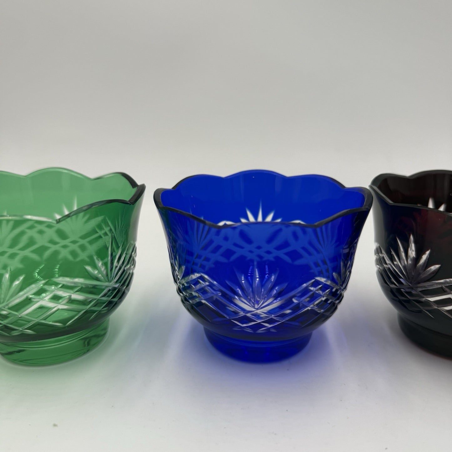 Vtg Bohemian Colored Crystal Cut  Scalloped Edge Votive Green Blue Purple 3 Pcs