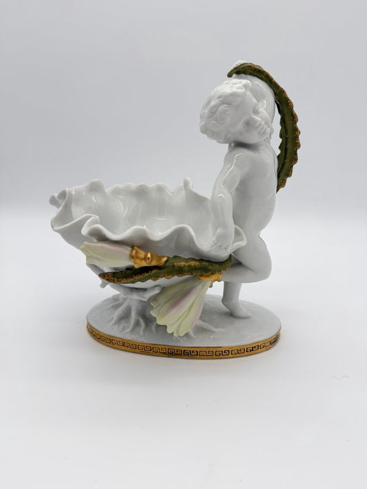 Antique Moore Bros White/Gold Trim Orchid Porcelain Putti Cherub Bowl Sculpture