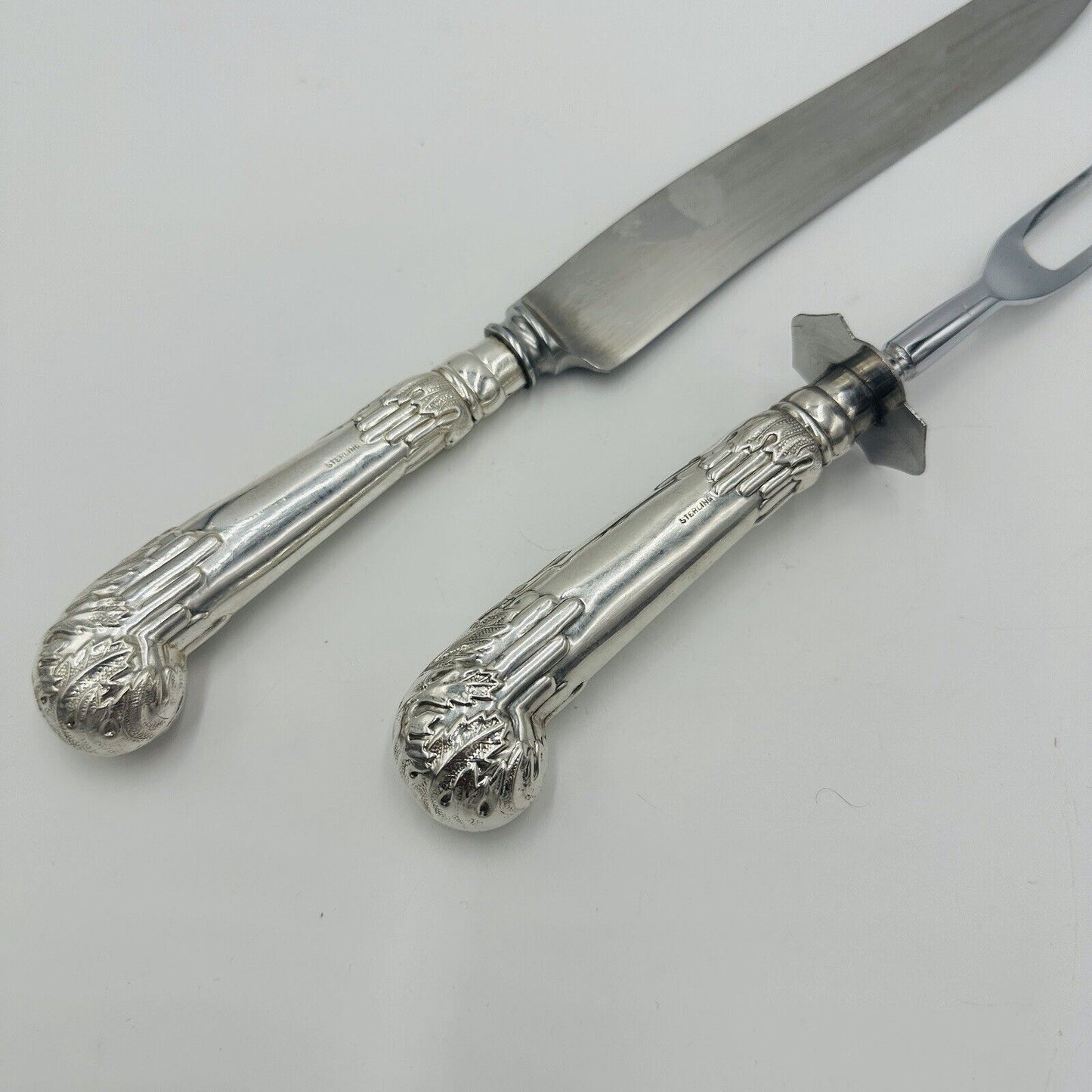 Ambassador Sheffield Knife & Fork Set UK Sterling Silver Handles Carving Art De