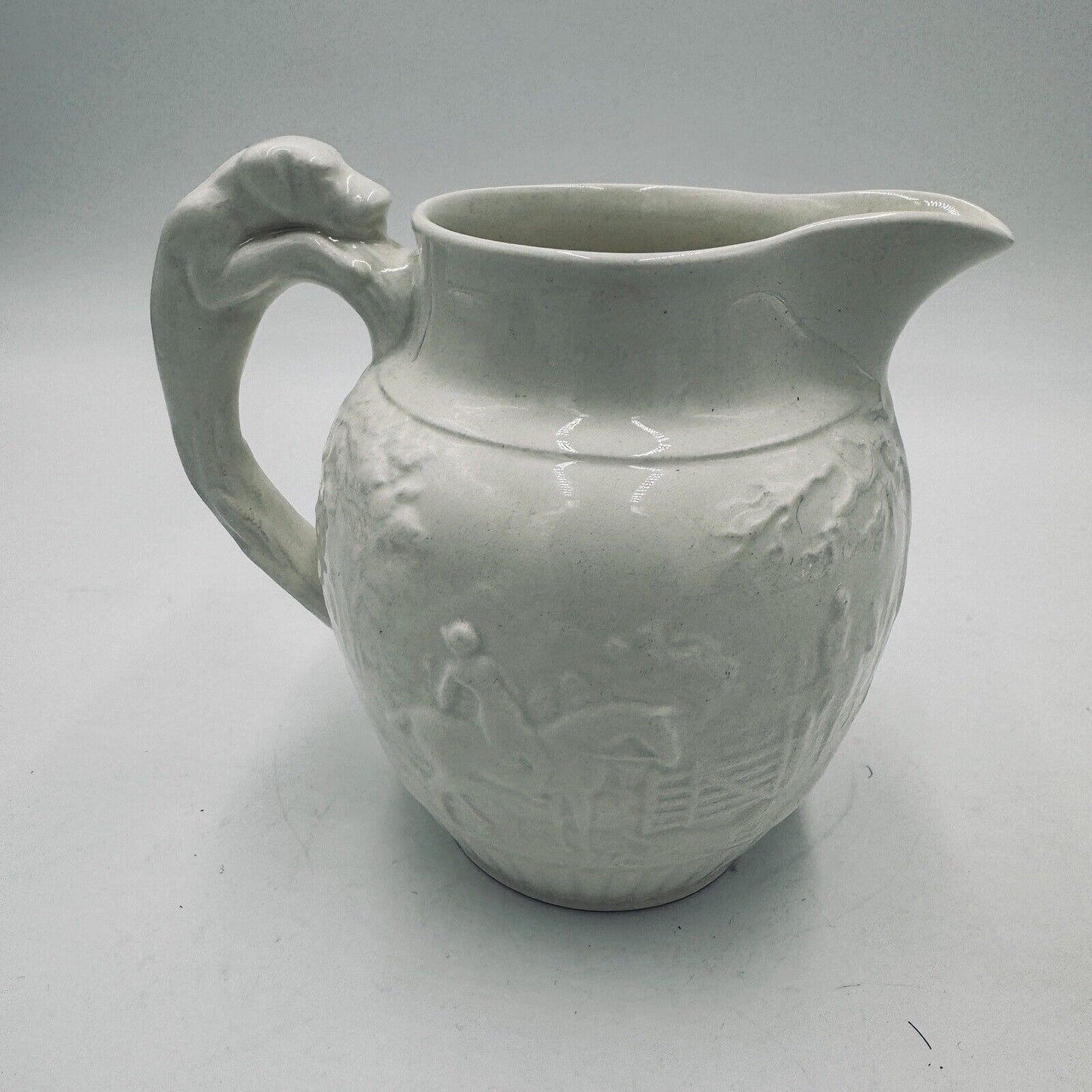 Wedgwood Etruria 4.5” Pitcher Grazed White Hunting Scene Embossed #36 Antique