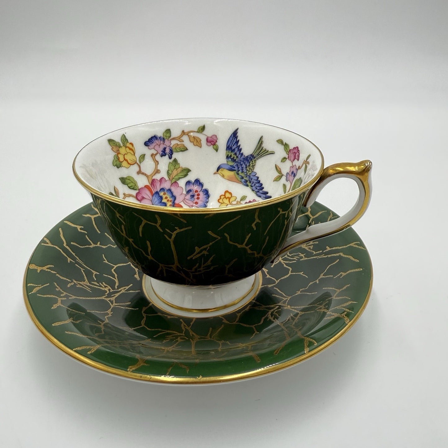 Aynsley Bone China Pembroke Pattern English Dark Green Floral Bird Crackle-like