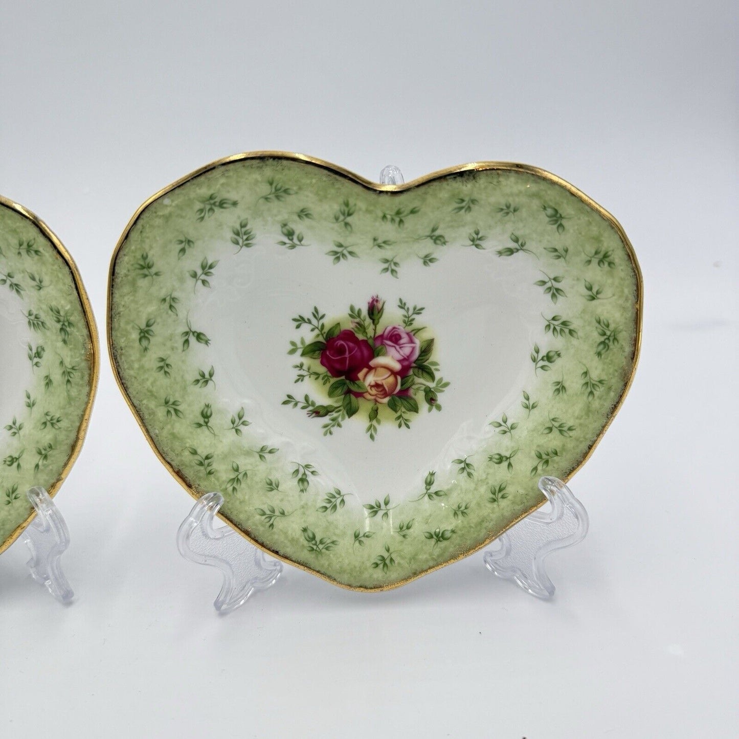 Royal Albert Old Country Roses Green rim Heart Shaped Porcelain Trinkets Set 2