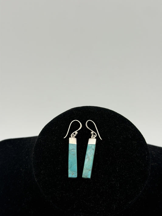Sterling silver dangle earrings slender rectangular turquoise stone drops 925