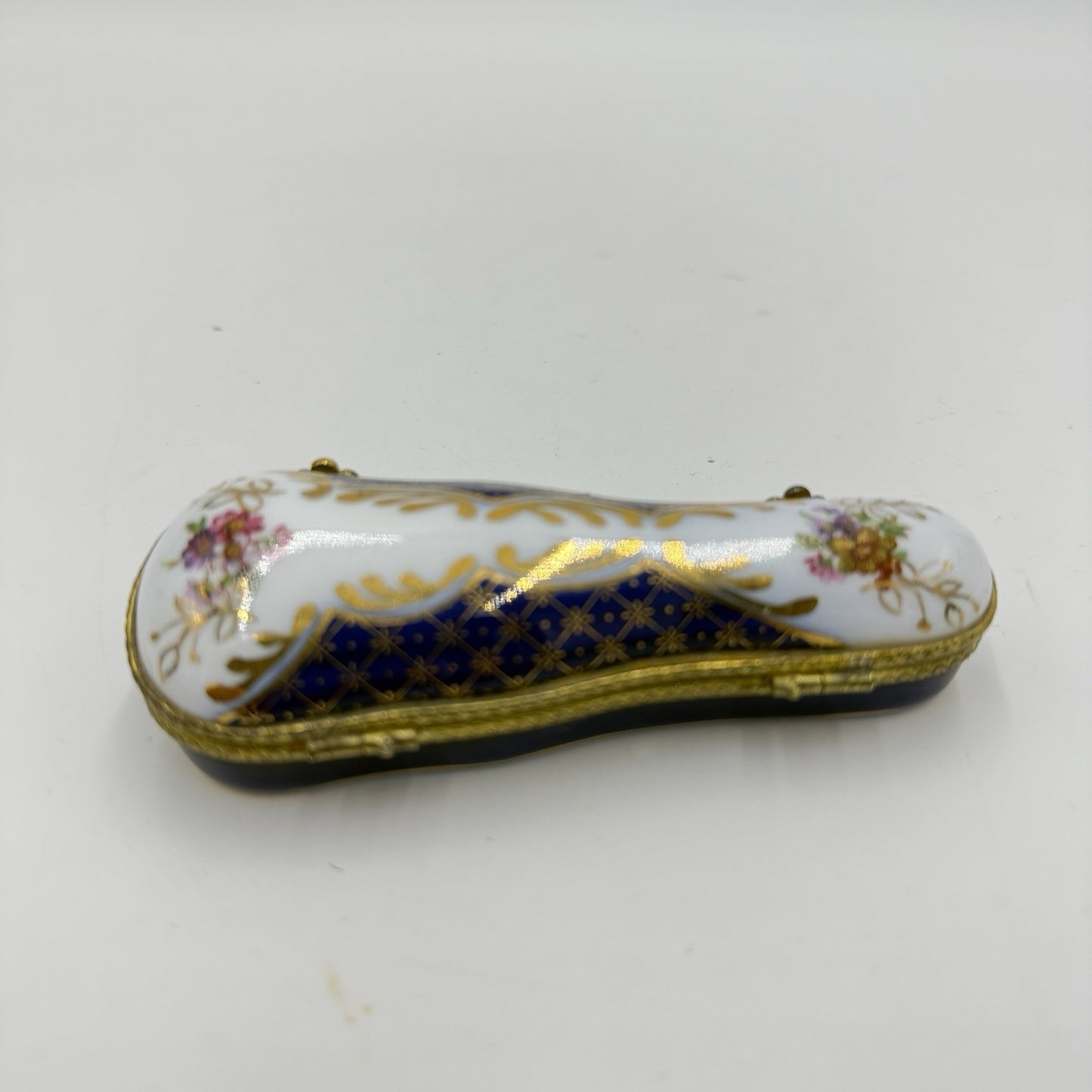 Museum Of Jewelry Porcelain Cobalt Floral Miniature Violin Case Trinket Box