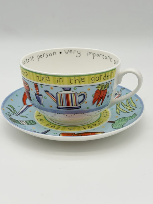 Royal Worcester England Cup & Saucer Set Tea in the Garden Blue 2005 Porcelain