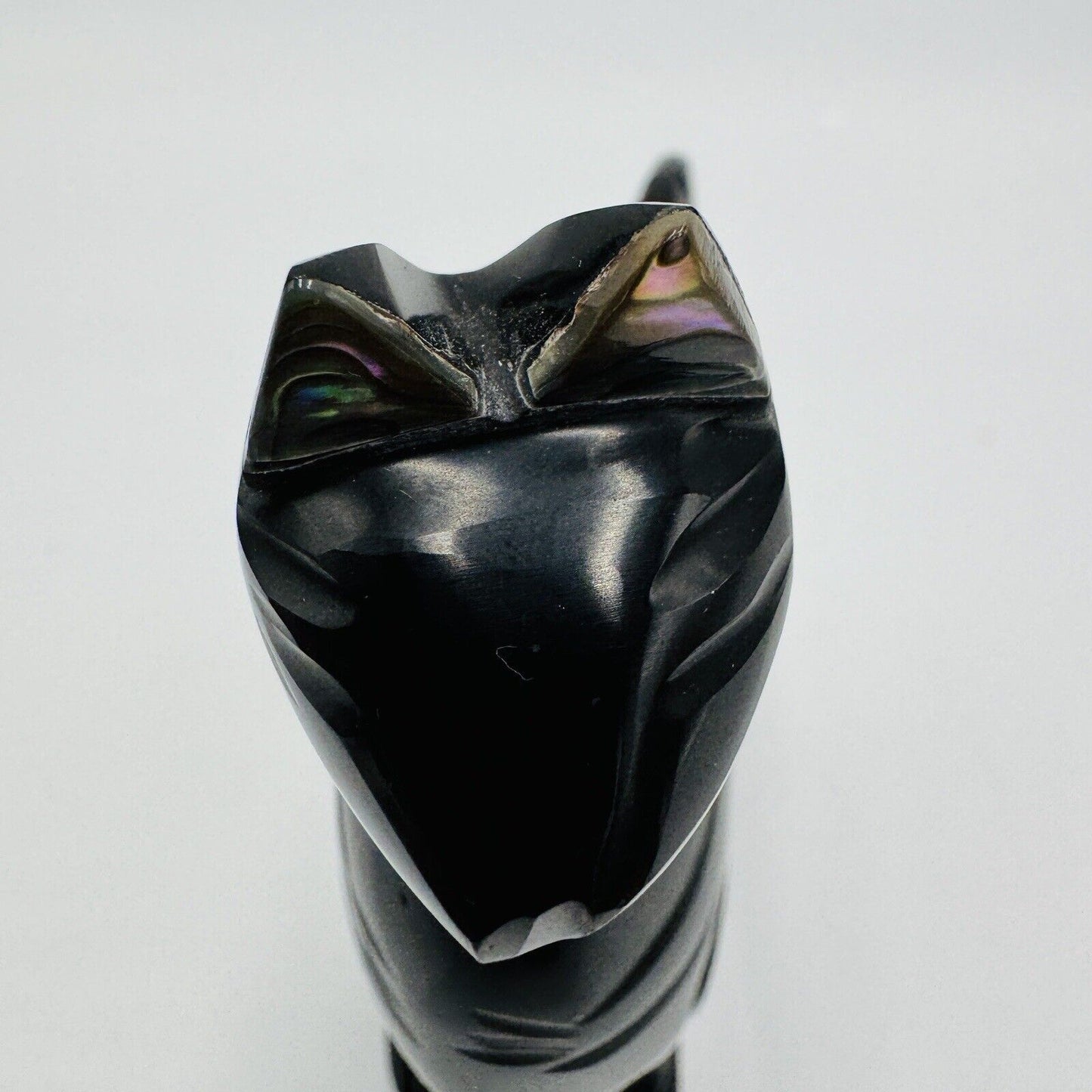 Carved Black Obsidian Cat Figurine Abalone Ears, Gemstone Collar 3.5in Signed