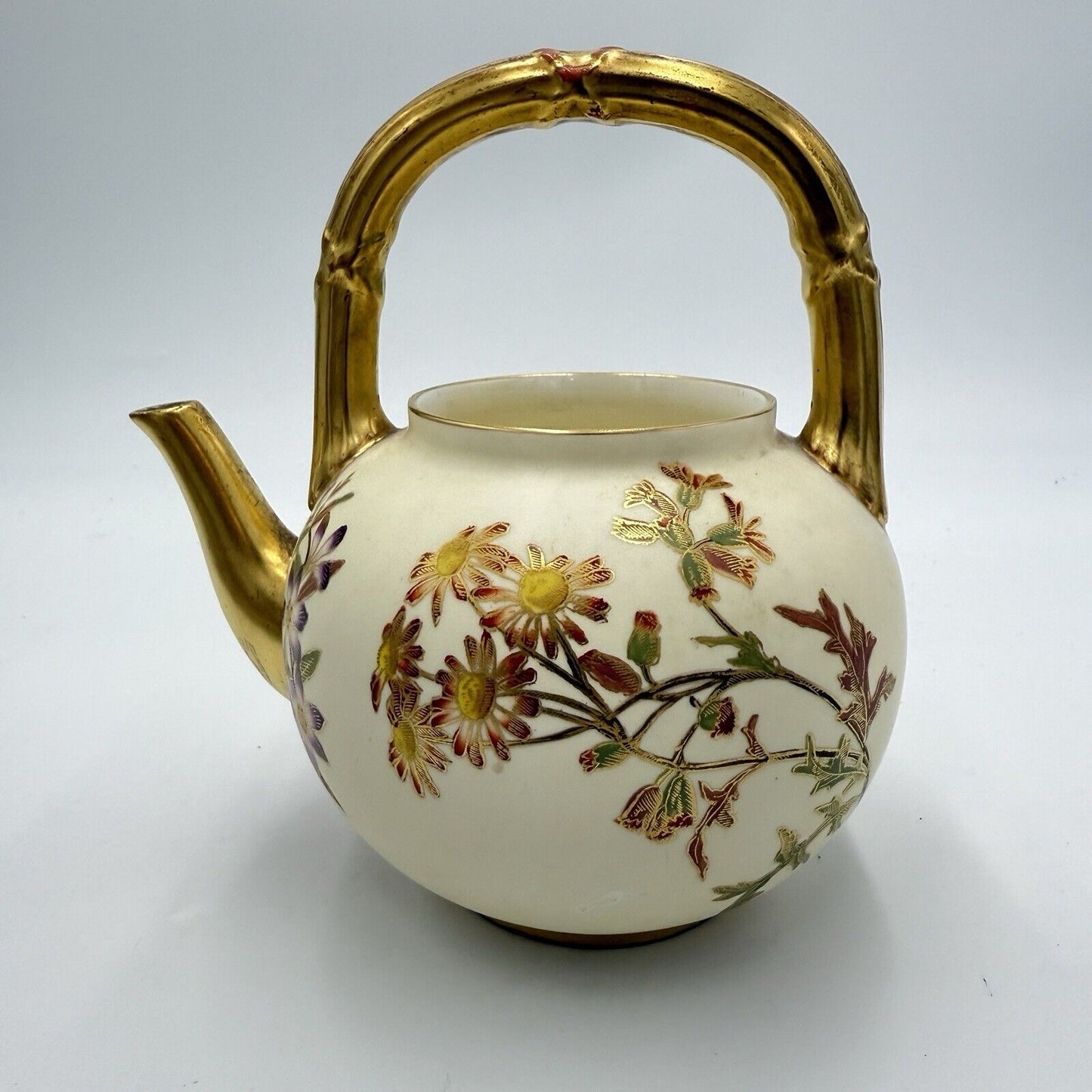 1885 English Victorian Royal Worcester Porcelain Floral Handle Teapot (No Lid )