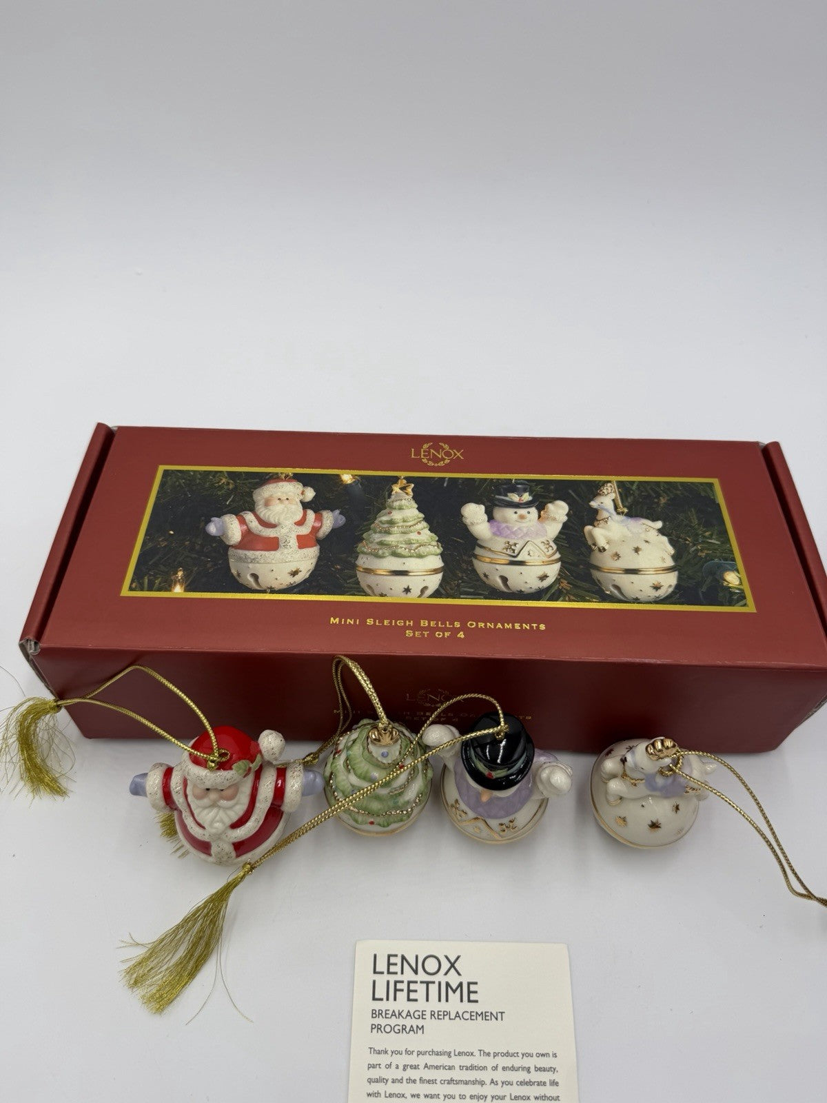 Lenox Porcelain USA Mini Sleigh Bells Ornaments Set Of 4 Reindeer Santa Snowman