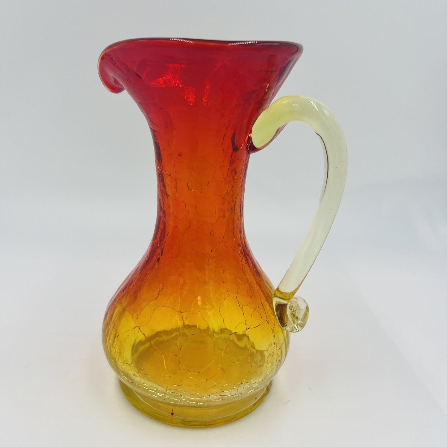 Pitcher Vase Crackle Glass Amberina Hand Blown Art Mini Vintage Red Yellow