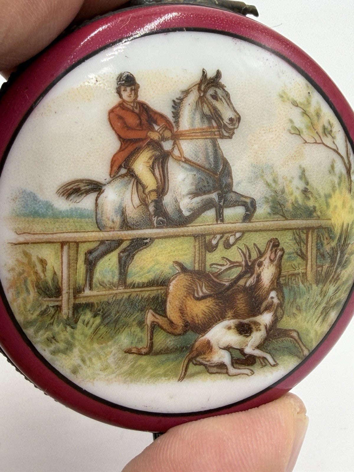 Rare Antique Czechoslovakian Painted PorcelainTrinket Box Equestrian hunt scene