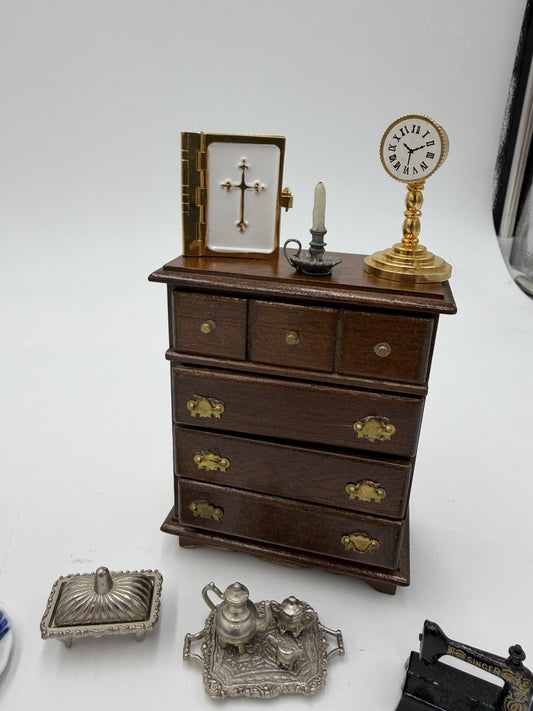 Vintage Dollhouse Furniture Miniature Lot Drawer Bible Clock Tea Set Table