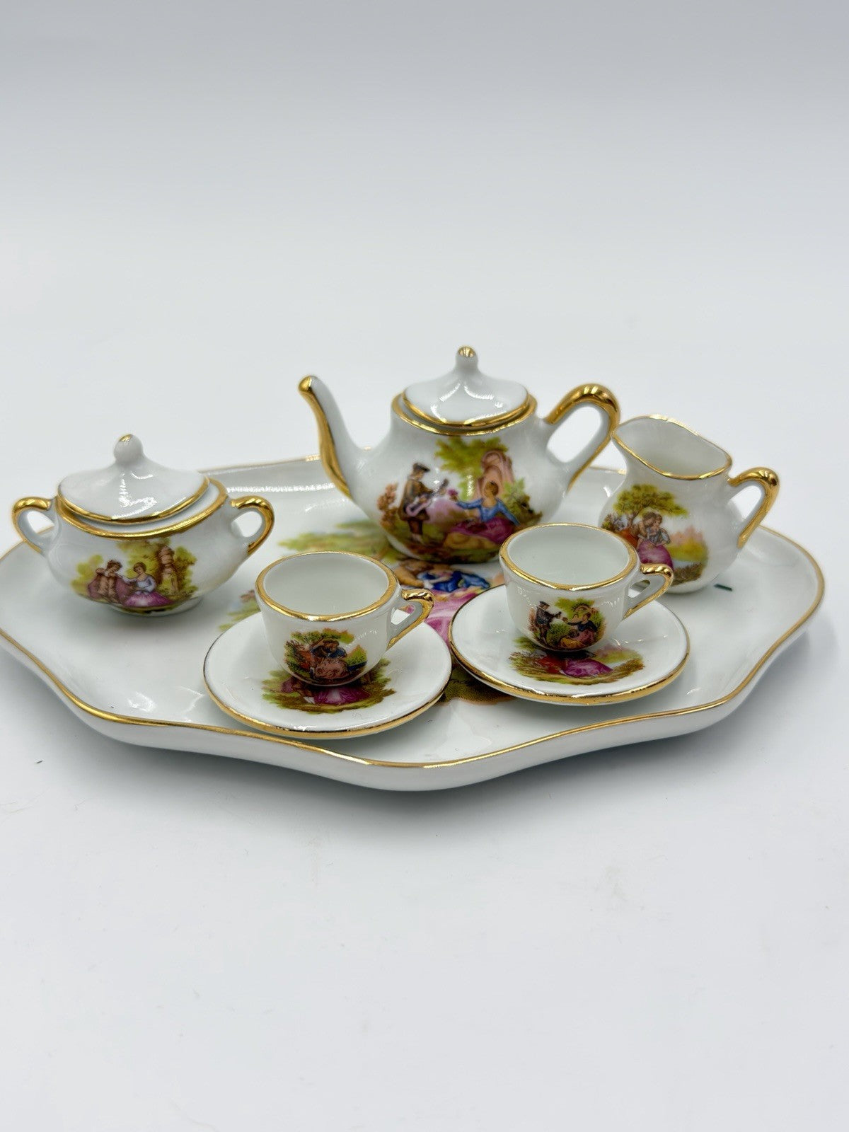 EME porcelain Spain miniature tea set romantic scene victorian 8 PCs  Dollhouse