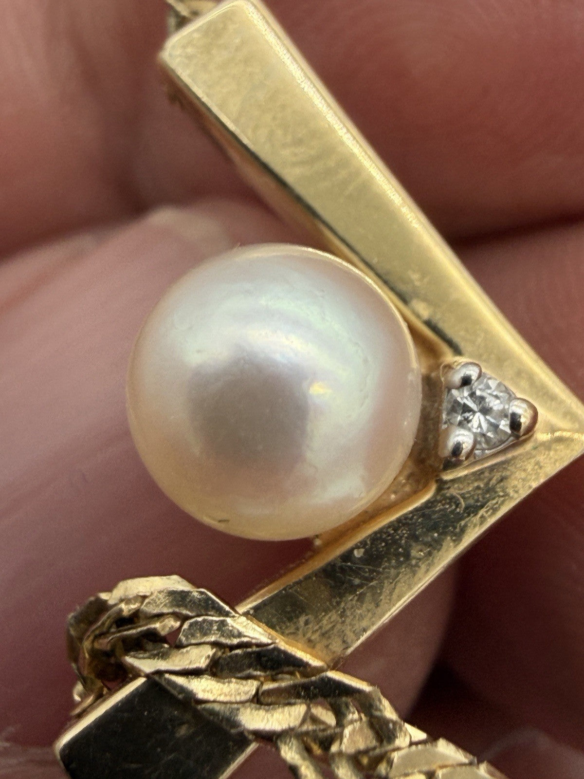 14k Italy Yellow Gold Herringbone V Drop Necklace 16”pearl Diamond 6g