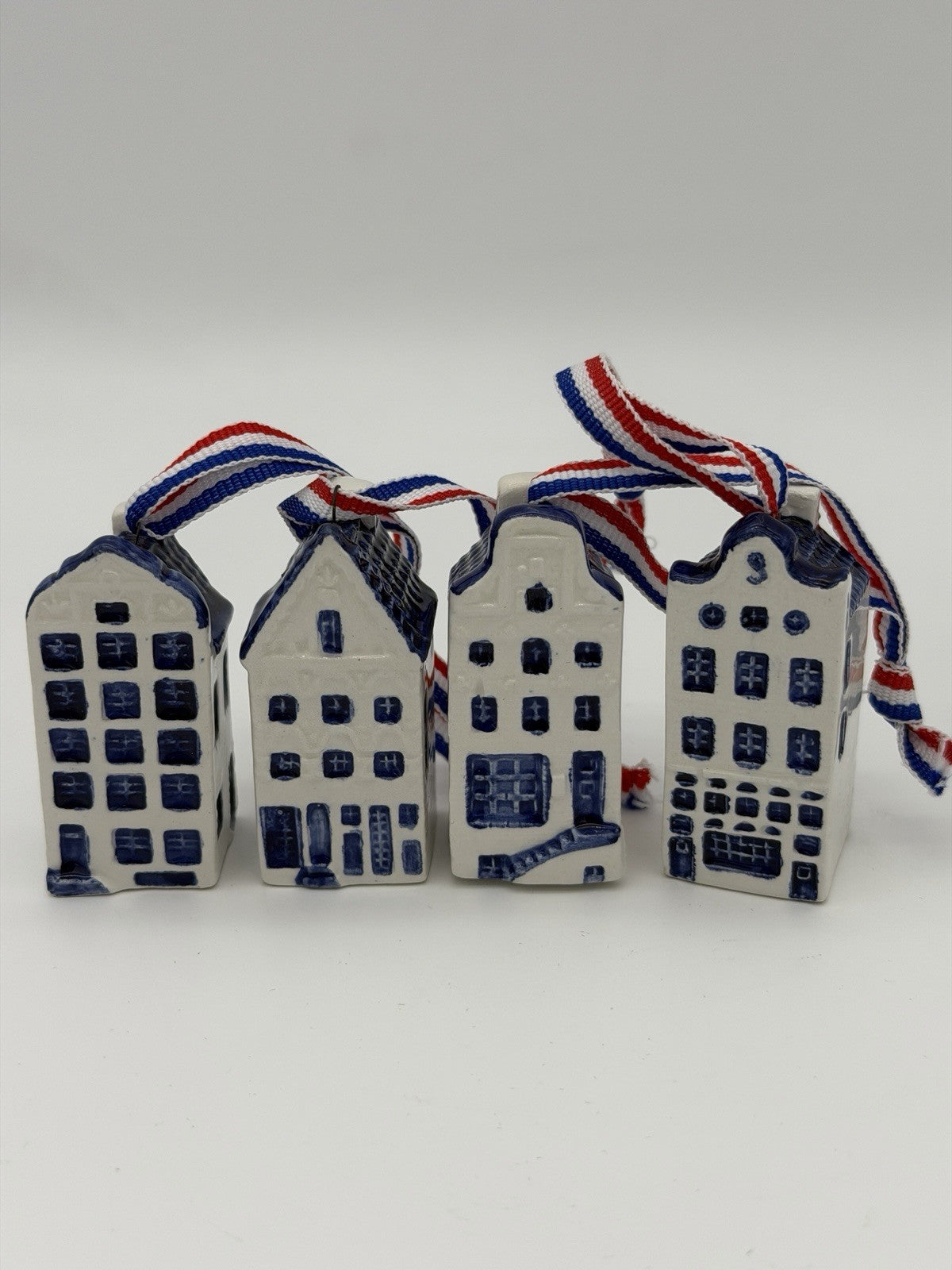 Rare Delft Blue Dutch 2” Mini Canal Houses Christmas Ornaments Set 4