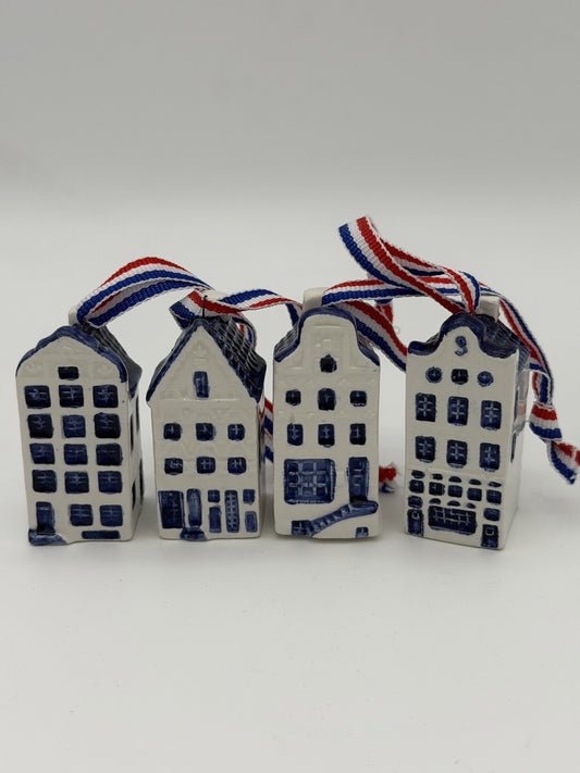 Rare Delft Blue Dutch 2” Mini Canal Houses Christmas Ornaments Set 4