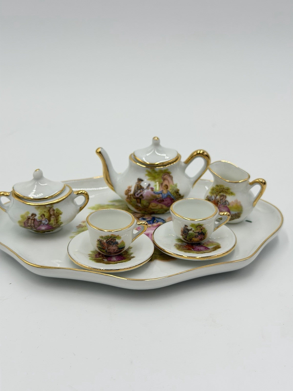 EME porcelain Spain miniature tea set romantic scene victorian 8 PCs  Dollhouse