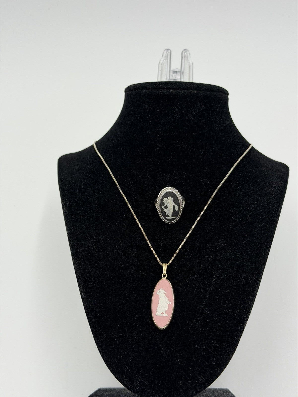 Wedgwood Jasperware Black & Pink Ring Necklace Jewelry Set 2 PCs