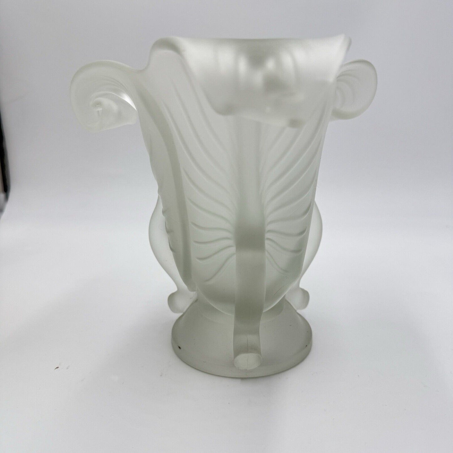 MCM Frosted Satin Art Glass 3 Leaf Pedestal ART NOUVEAU 3 Handle VASE 7” H