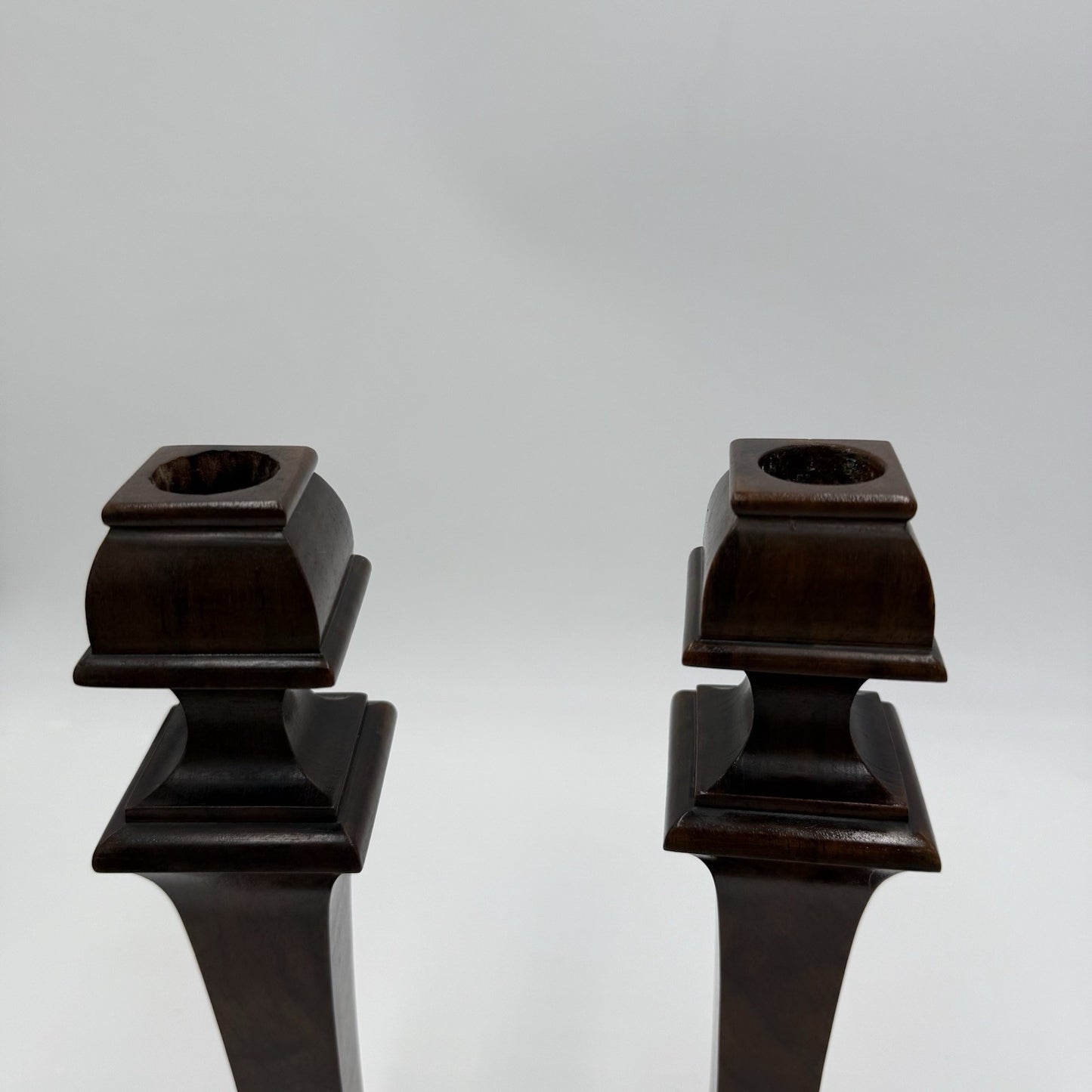 Early 20th Century Walnut Veneer Wood Pedestal Candlesticks Pair Red Velvet 10in