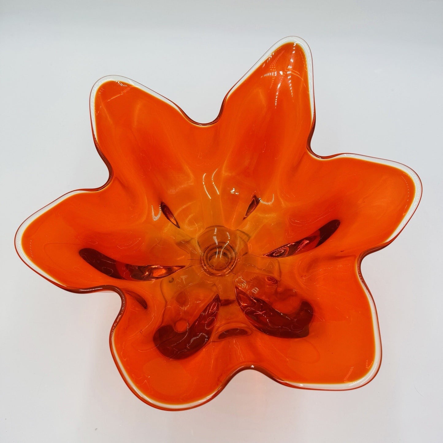 Viking Art Glass MCM Footed Amberina Orange Compote Epic 6 Petals Bowl 7.5”x 11"