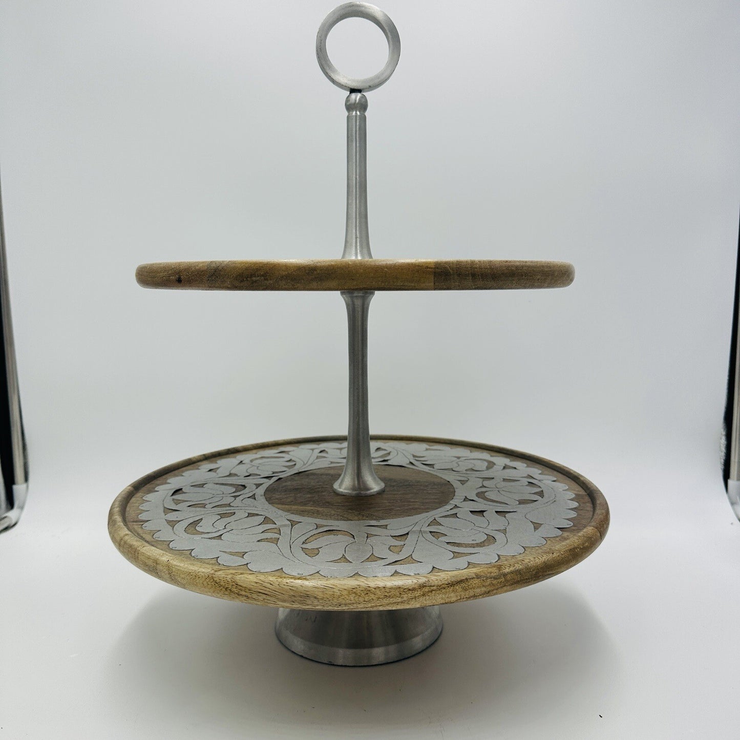 Rajasthan Artisans Cake Stand Brown 2 Tier Wood 17in H Farmhouse Country