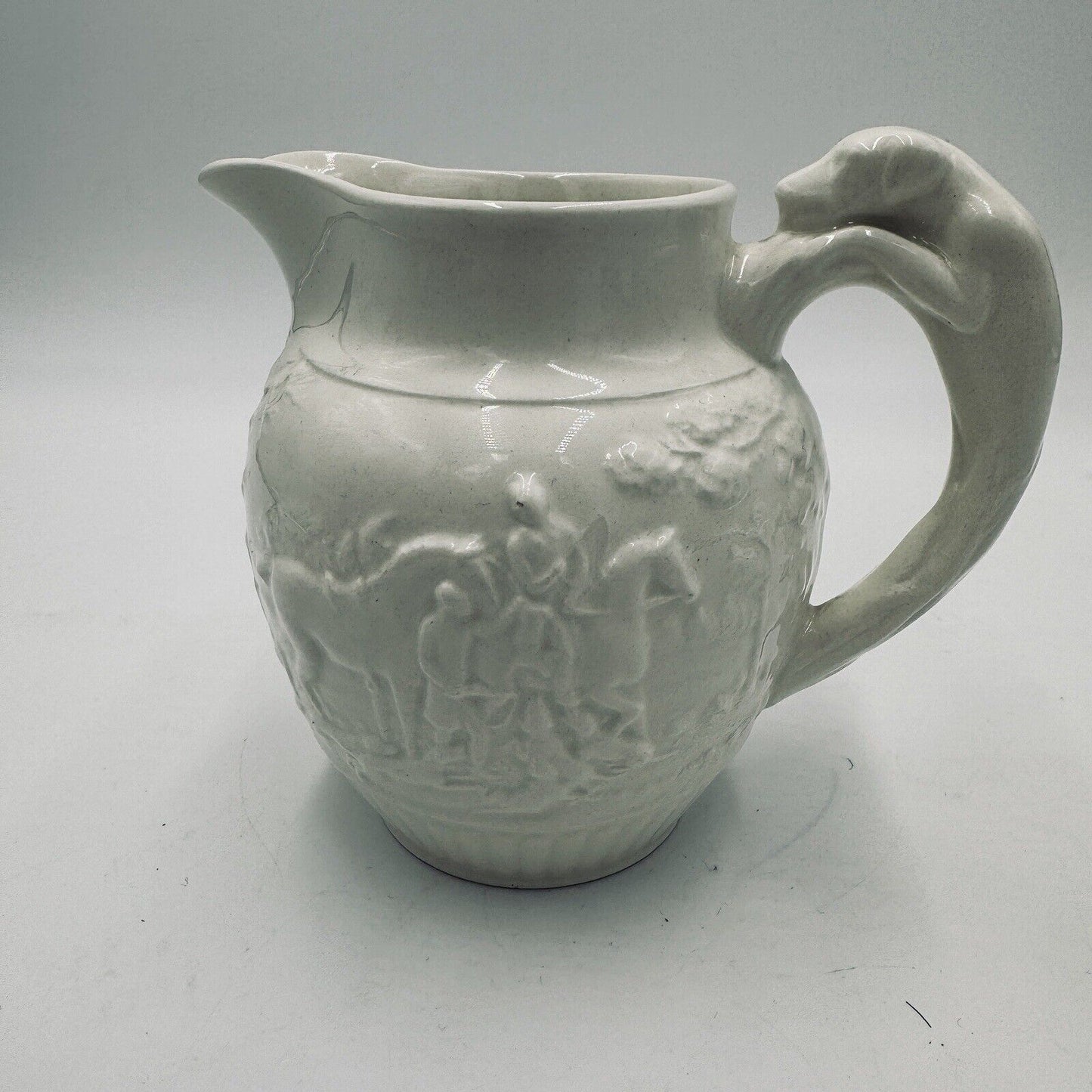 Wedgwood Etruria 4.5” Pitcher Grazed White Hunting Scene Embossed #36 Antique