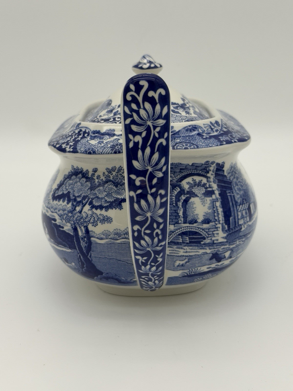 Large Spode England Porcelain Italian Blue & White Teapot 17/A4 Scenic 10”x5”