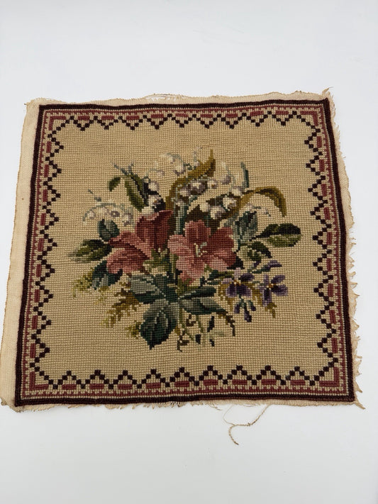 Antique Needlepoint Embroidery Victorian Roses Wool Embroidery panel top 12”x12”