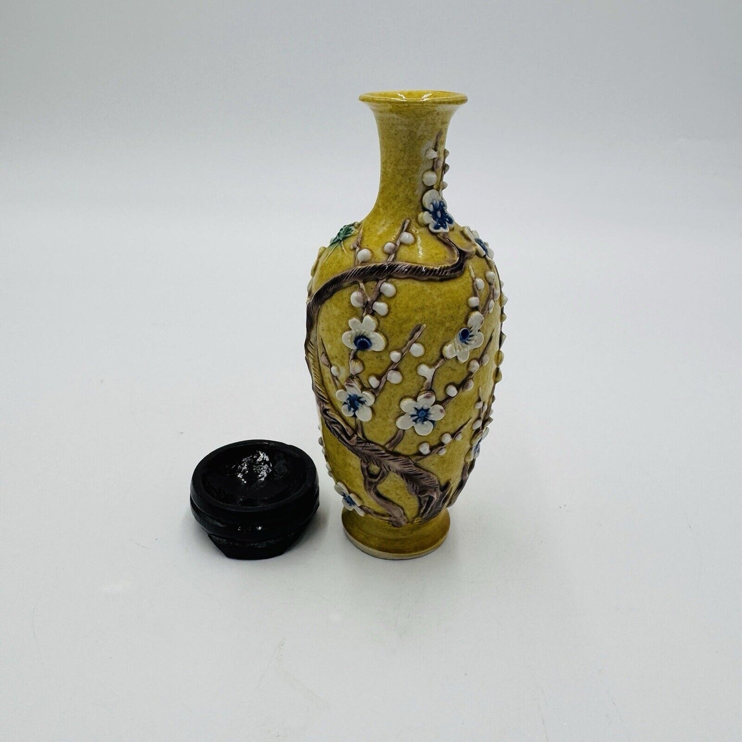 Antique Chinese Yellow Qing Dynasty Plum Blossoms Floral Mini Vase 5”