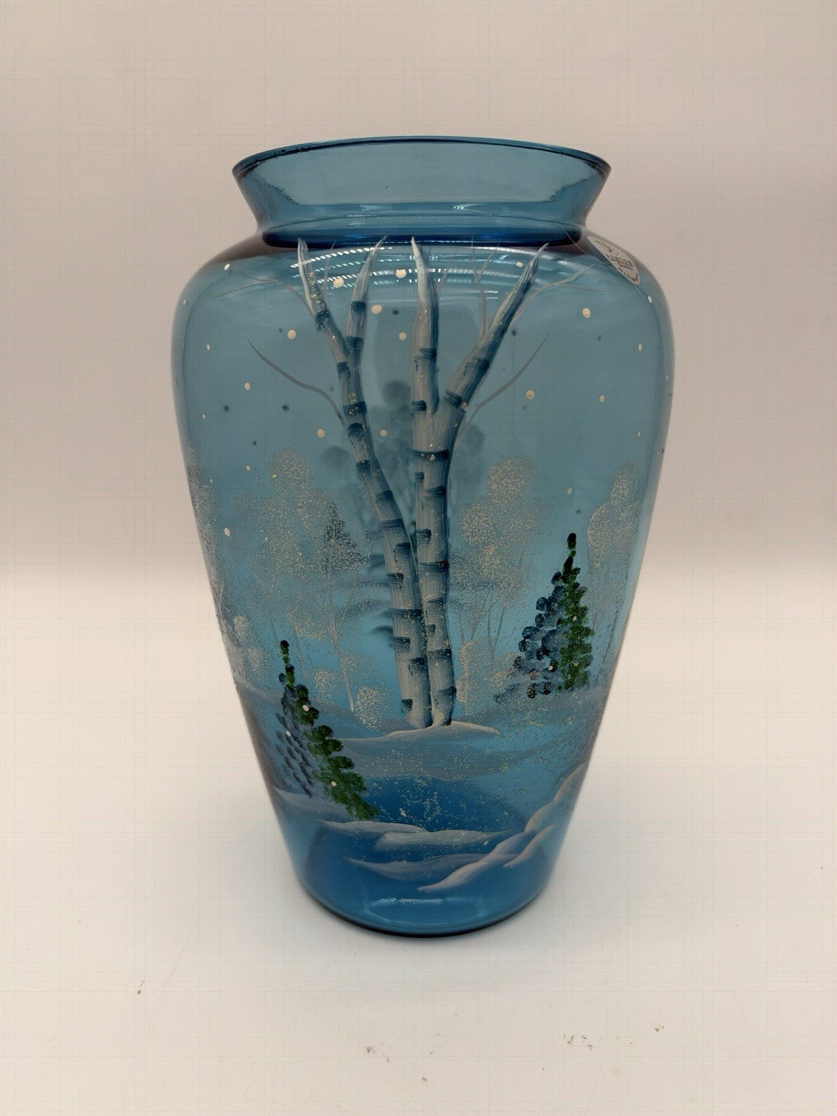 Fenton Art Glass Quality Blue Hand Painted Winter Christmas Scene Vase 8.5”H