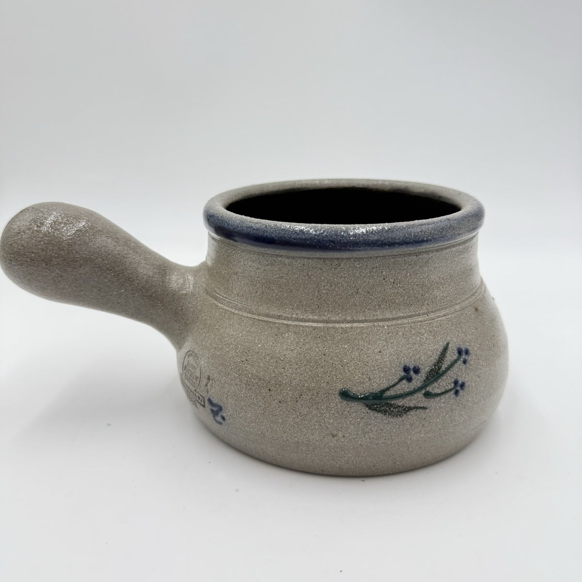 Rowe Pottery Works Salt Glazed Soup Crock Bowl Salt Glaze Blue Floral Design 9in