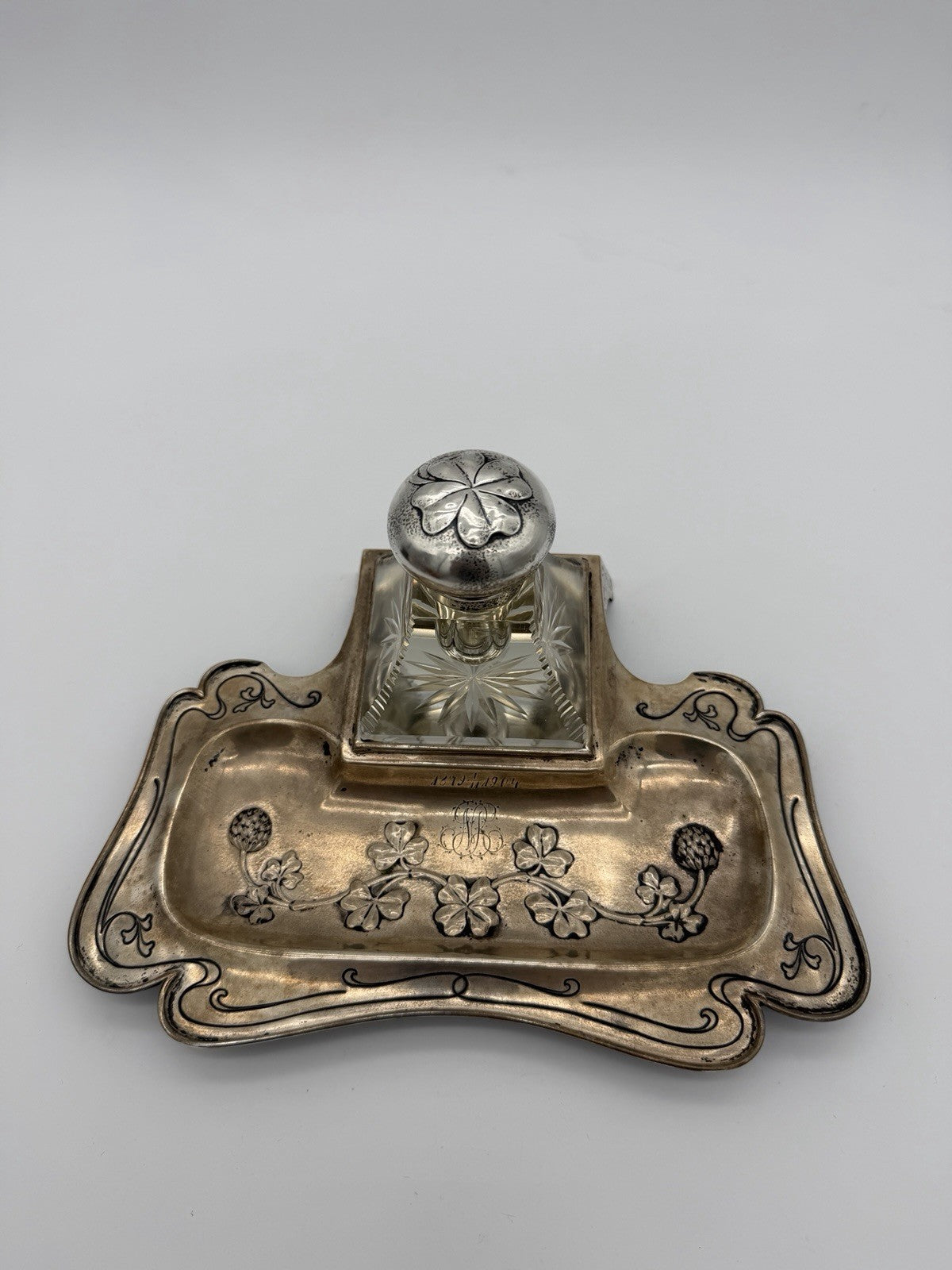 Antique Brass Art Nouveau Writing Desk  w/ Cut Glass Inkwell Embossed Shamrock