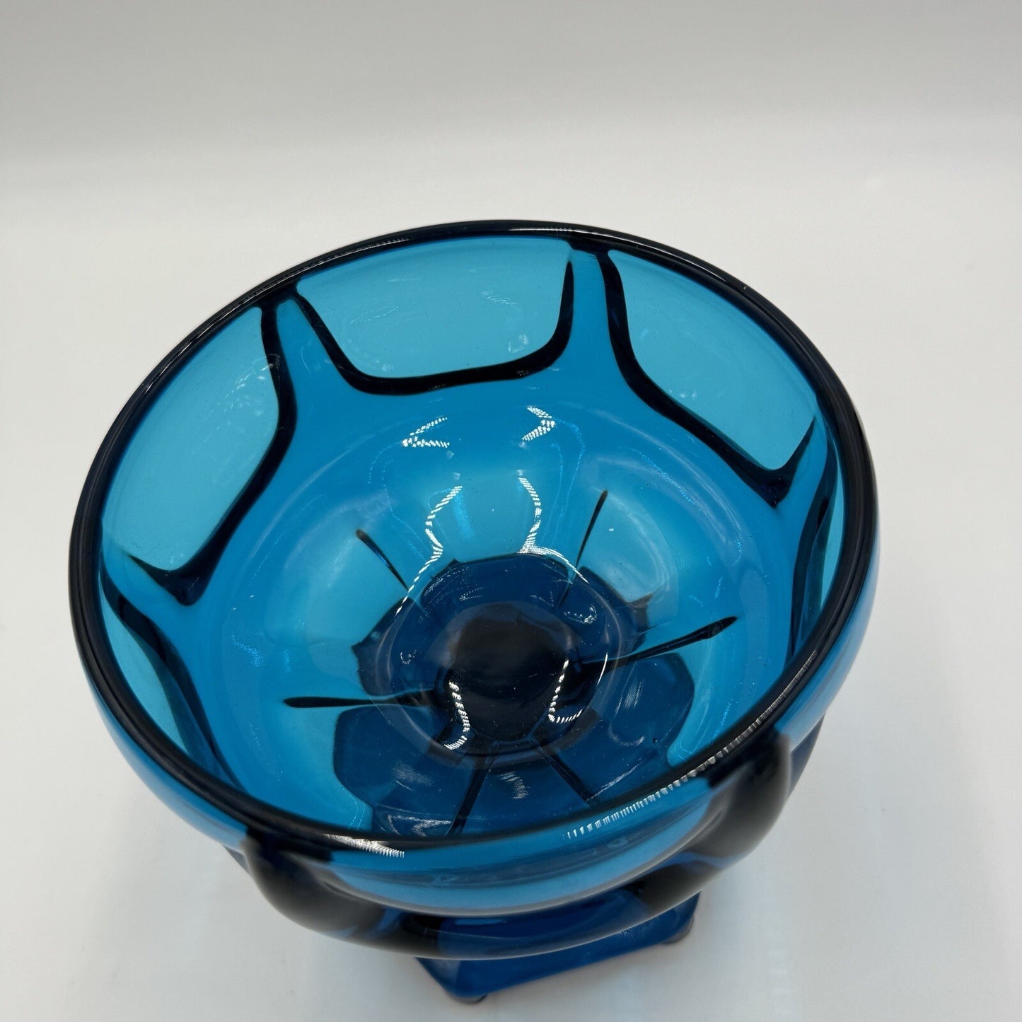 MCM Viking Candy Dish Blue Art Glass 1960s Bluenique Pedestal 6in Beautiful