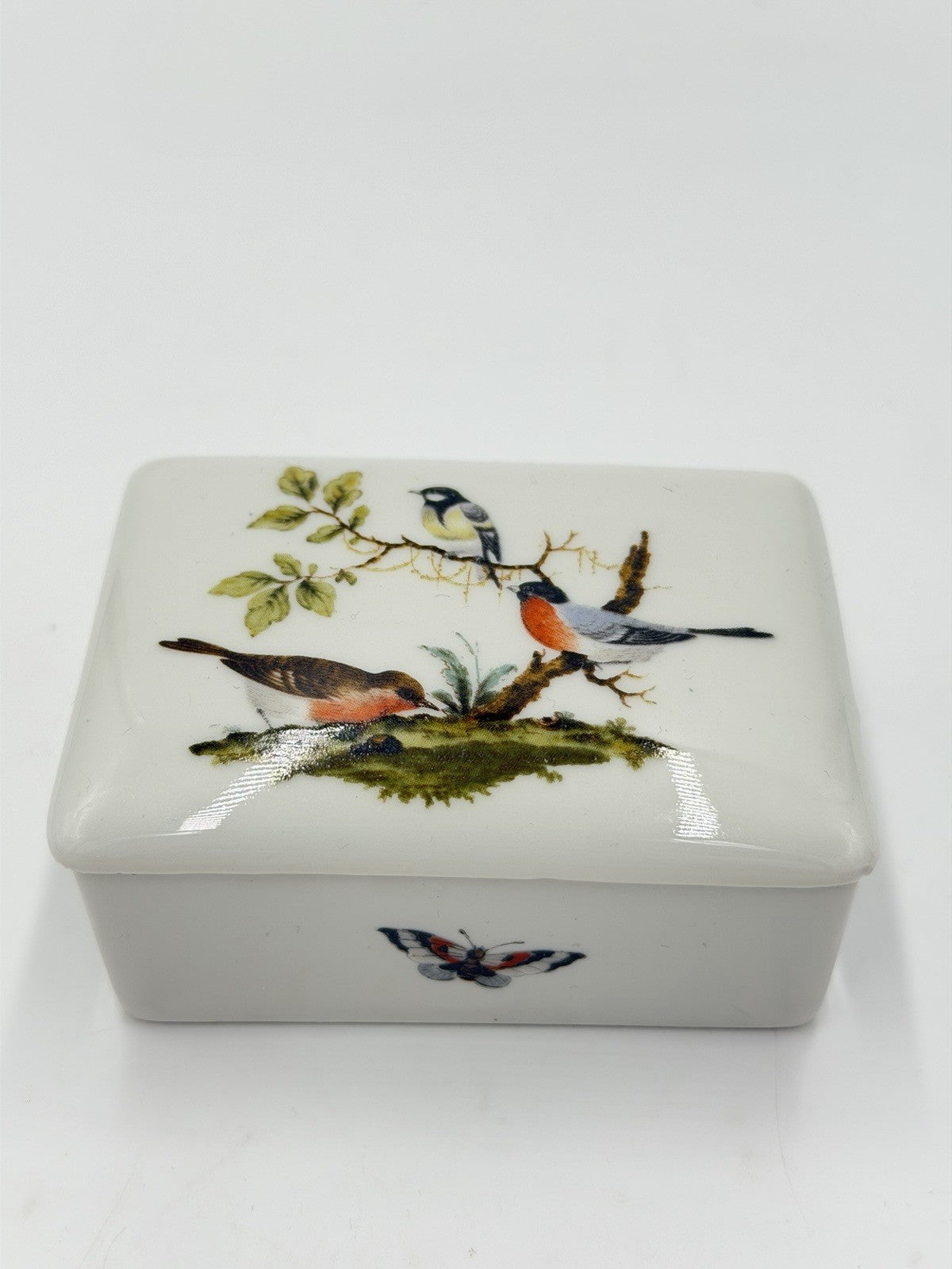 Vtg Limoges France Porcelain Birds Bugs  Botanical Trinket Box 1.5”x3.5”x2.5”
