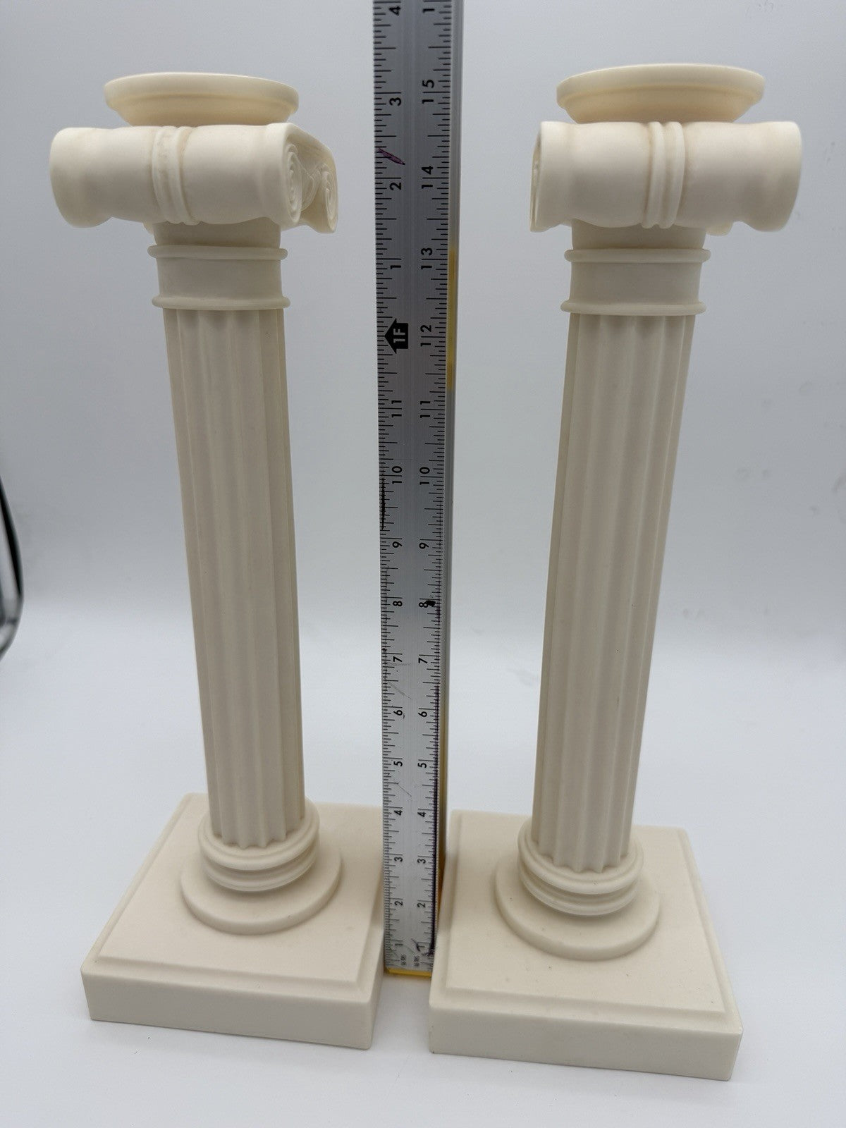 2 Alabaster Carved Roman Columns Corinthian  Sculpture Candle Holders 15.5”x5”
