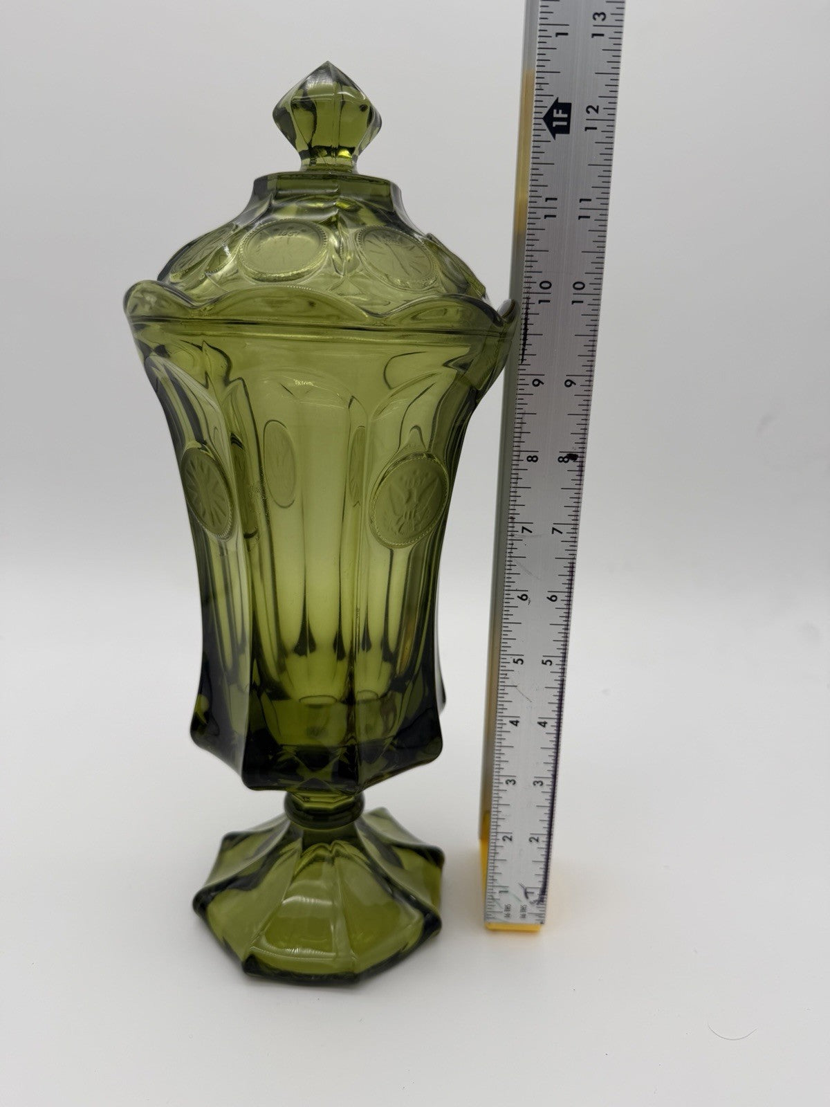 Fostoria Art Glass Embossed Coin 13”H olive Green Compote Lidded Urn Vase