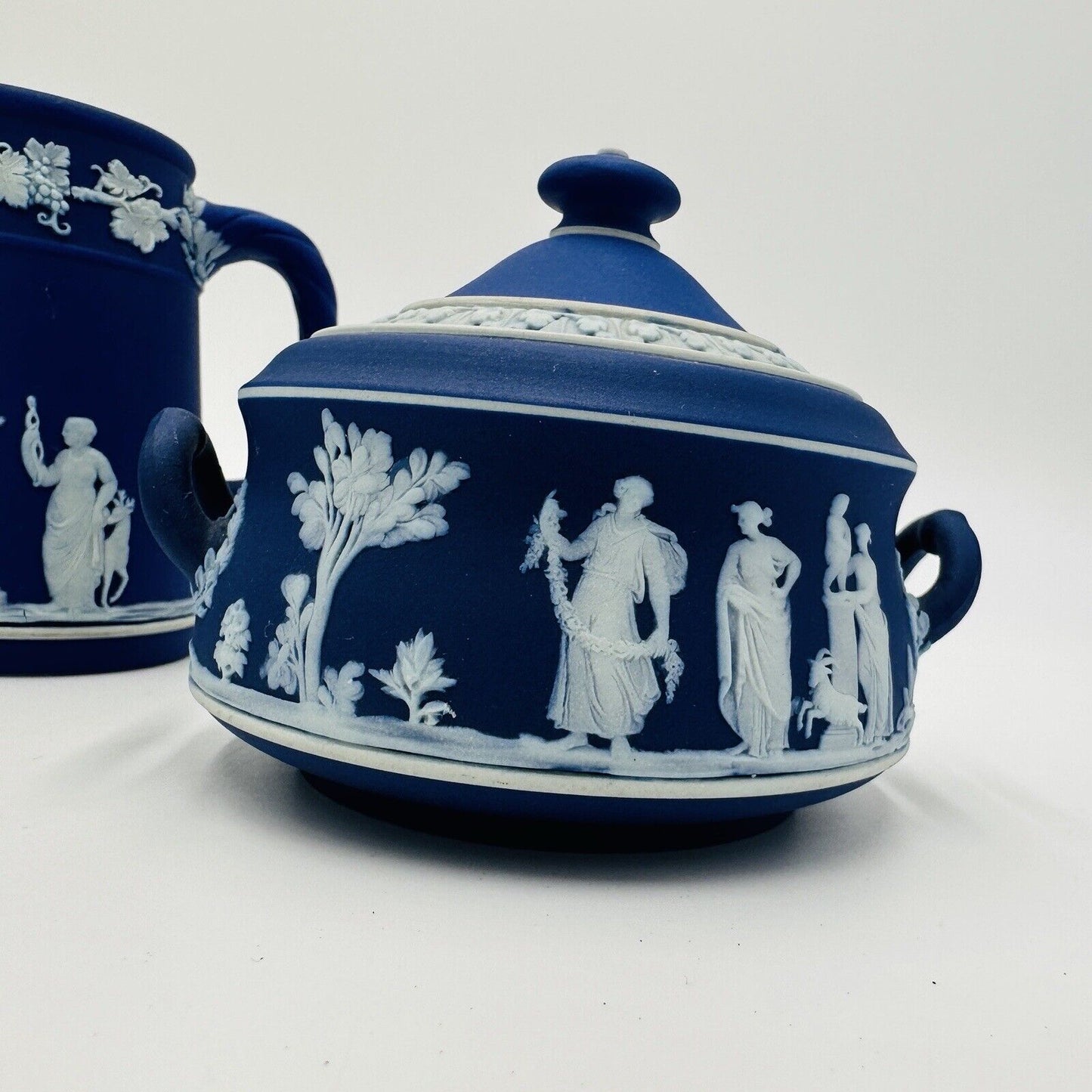 Wedgwood Teapot Sugar Bowl Pitcher Dipped Cobalt Blue #43 Set Jasperware