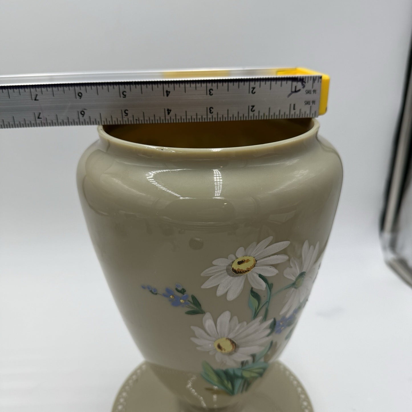 Antique Victorian Bristol Art Glass Hand Painted Daisies Footed Large Vase 11in