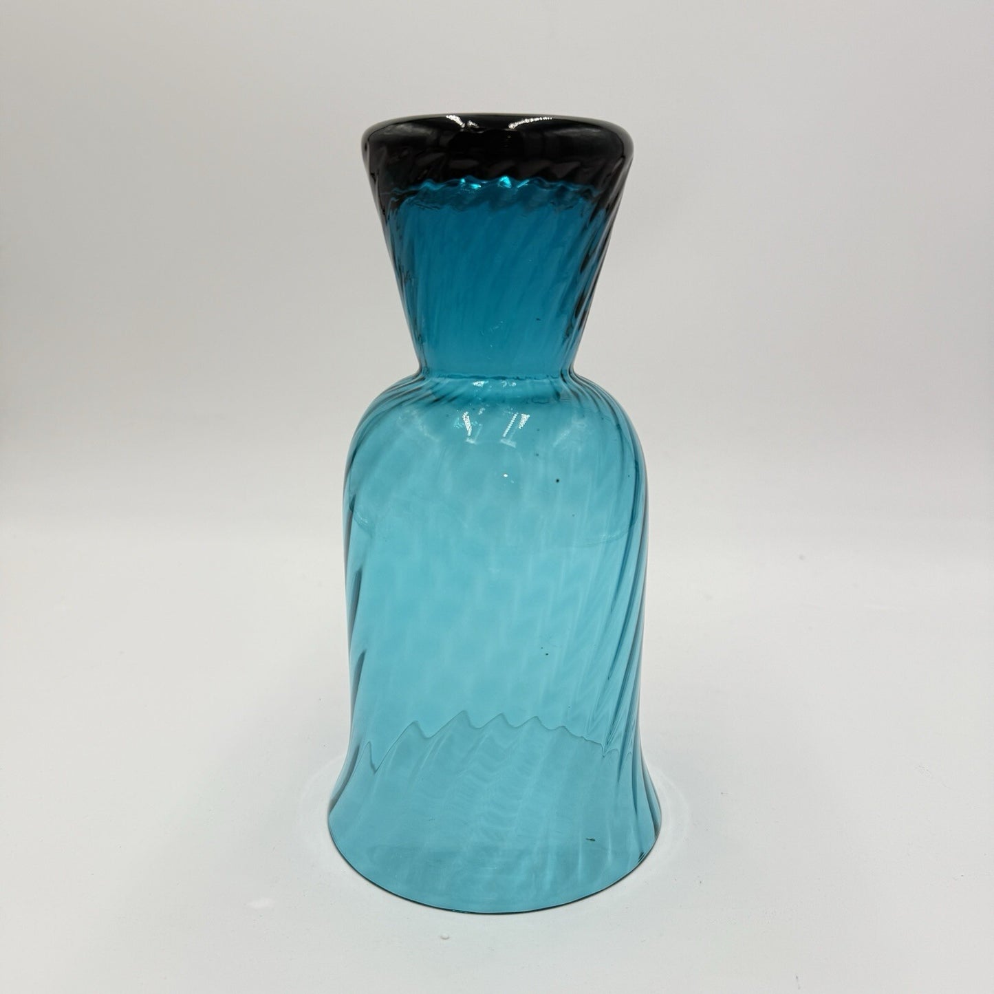 MCM Empoli Italian Handblown Art Glass Swirl Optic Teal Pedestal Vase 8.5in