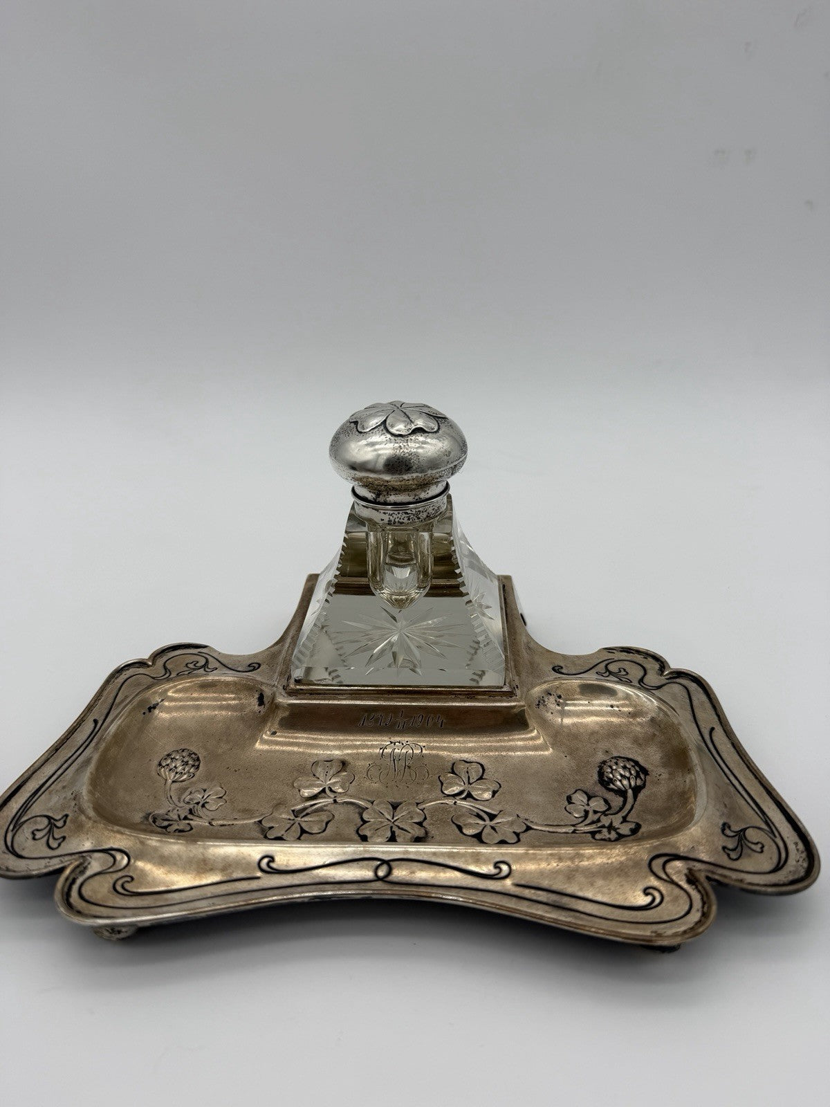 Antique Brass Art Nouveau Writing Desk  w/ Cut Glass Inkwell Embossed Shamrock