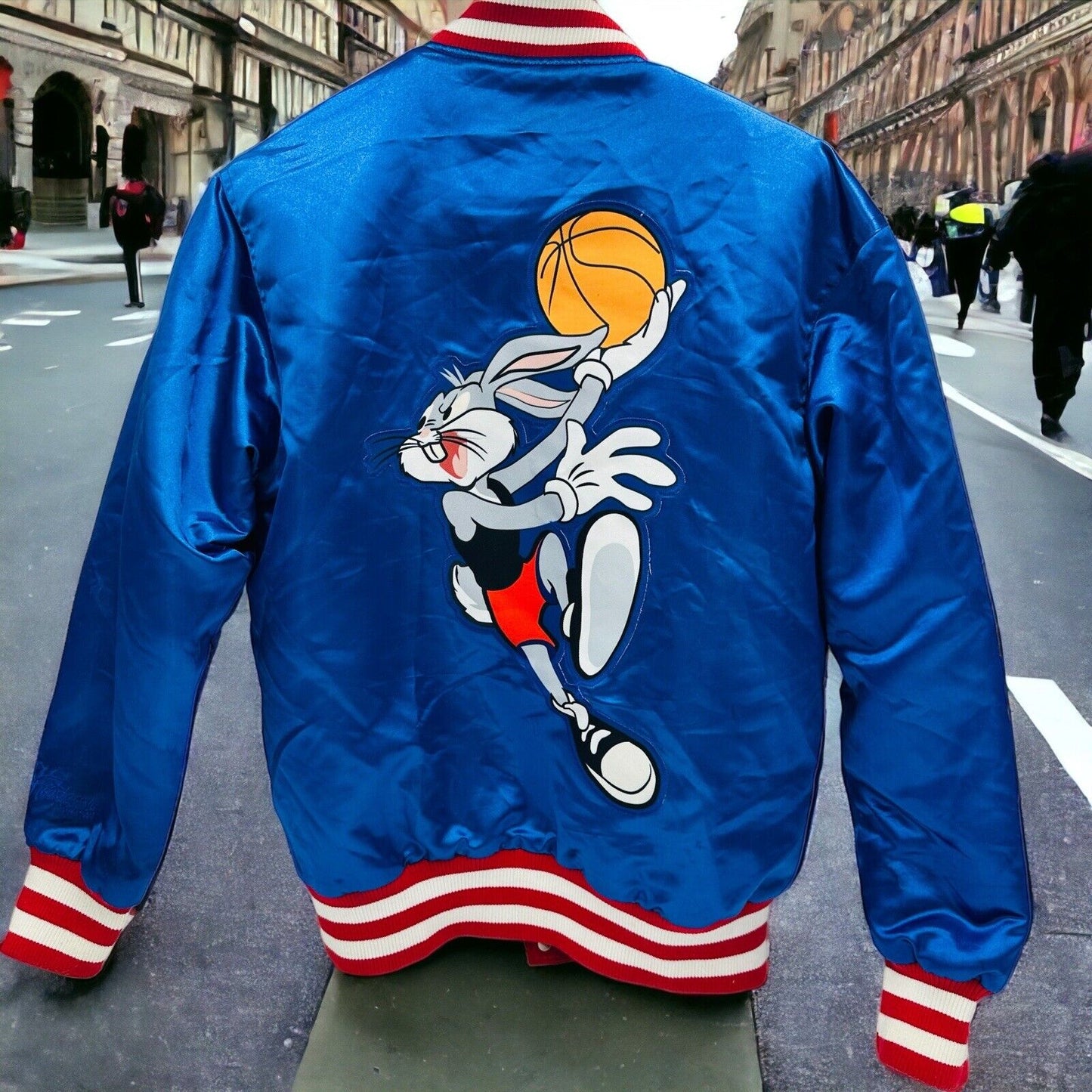 Bomber Jacket Size Small Tunesquad Bugs Bunny Satin Blue Logo Headgear Classics