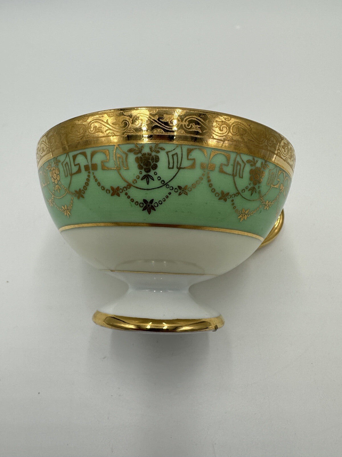 Czchoslovakia Bohemia Teacup Footed 24K Gold Encrusted Green Serveware Porcelain